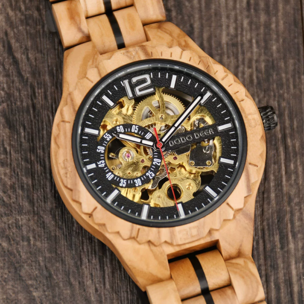 Olive wood openwork mechanical watch