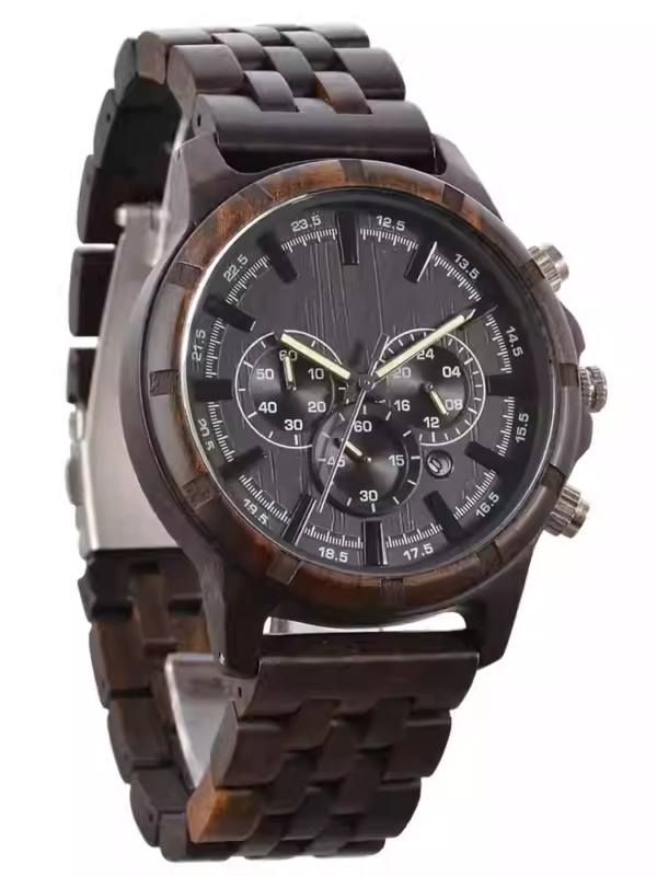 20cba5e3-a396-4b36-a375-cf17372ed0e1 Ebony wood trendy waterproof luminous calendar glass quartz pointer retro large dial men's wooden watch