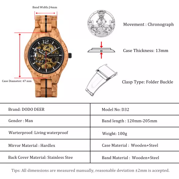 Olive wood openwork mechanical watch
